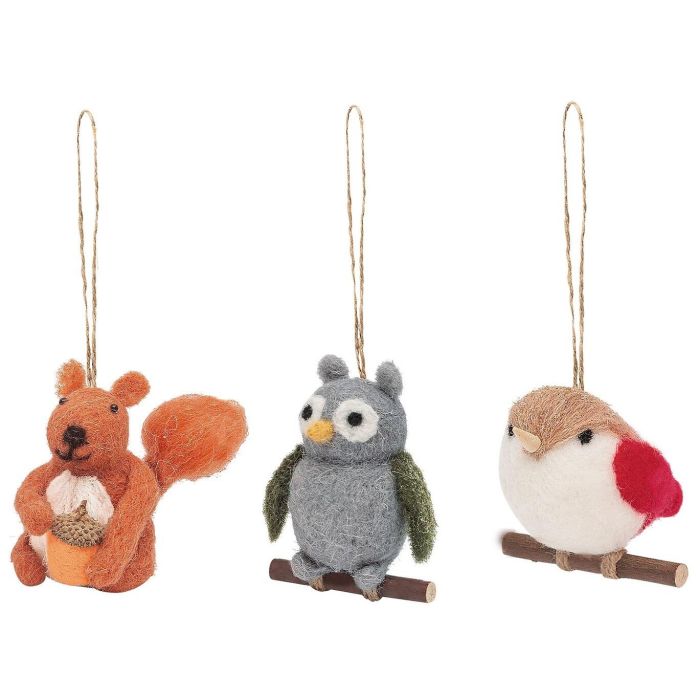 Three felt Christmas decorations: squirrel, owl and bird, on a white background.