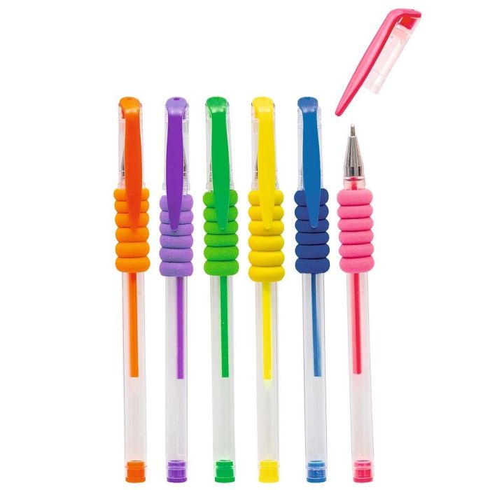 Six neon gel pens in different colours, on a white background.