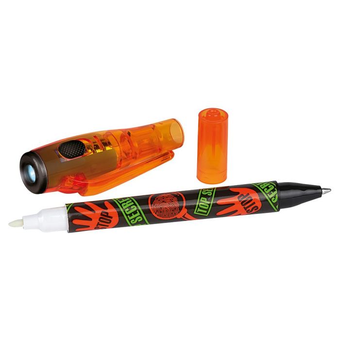 Top Secret-geheimcodestift met oranje UV-lampje en balpenpunt, op witte achtergrond.