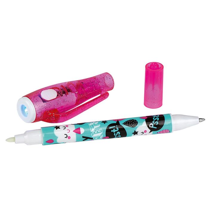 Roze 2-in-1-geheimcodestift met UV-lampje aan één kant en balpenpunt aan de andere, op witte achtergrond.
