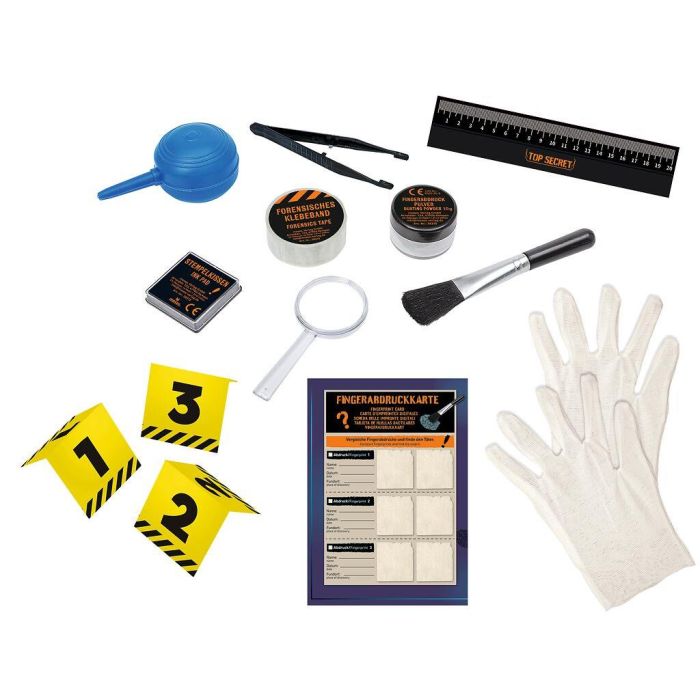 Vingerafdrukset met vingerafdrukborstel, loep, handschoenen en onderzoeksmateriaal, op witte achtergrond.
