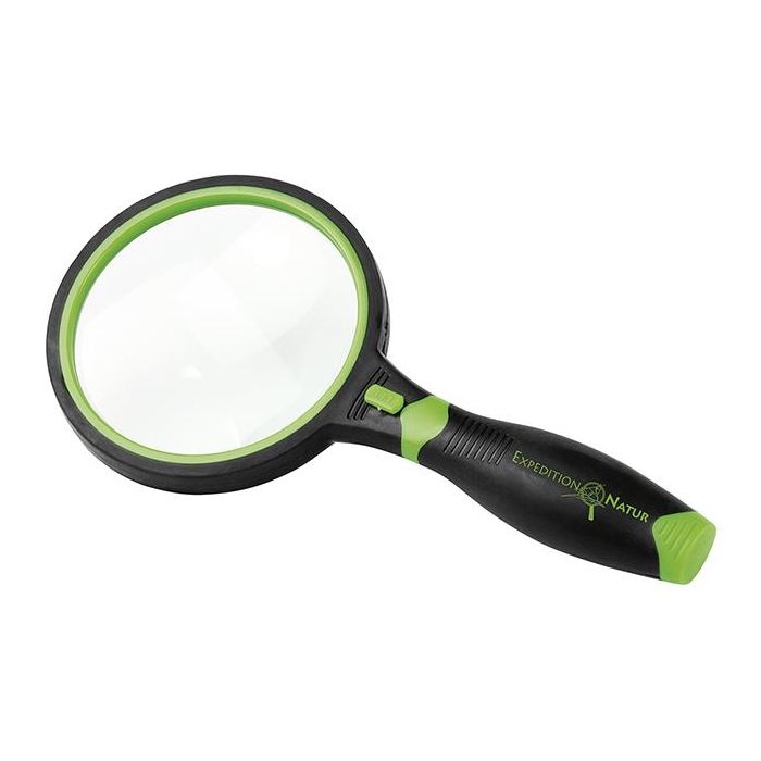Zwart-groene loep met ingebouwd licht, op witte achtergrond.
