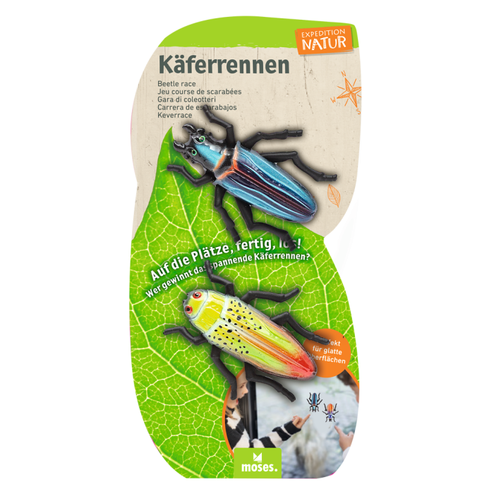 Packaged set with a blue and a yellow running beetle on a green leaf pattern.
