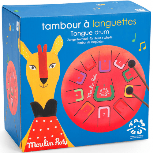 Moulin Roty | Trommel | Metal Tongue Drum | Rood | 11 Toons | 20 x 11 cm | 5+ - Kleine Eland