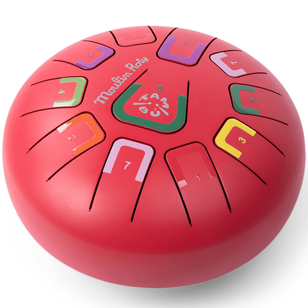 Moulin Roty | Trommel | Metal Tongue Drum | Rood | 11 Toons | 20 x 11 cm | 5+ - Kleine Eland