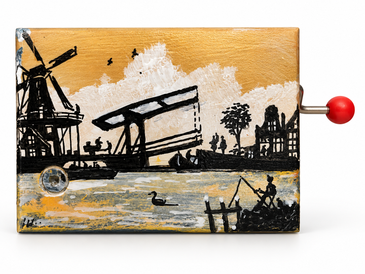 Handbeschilderd houten muziekdoosje Ophaalbrug van Jan J. Willemsen
