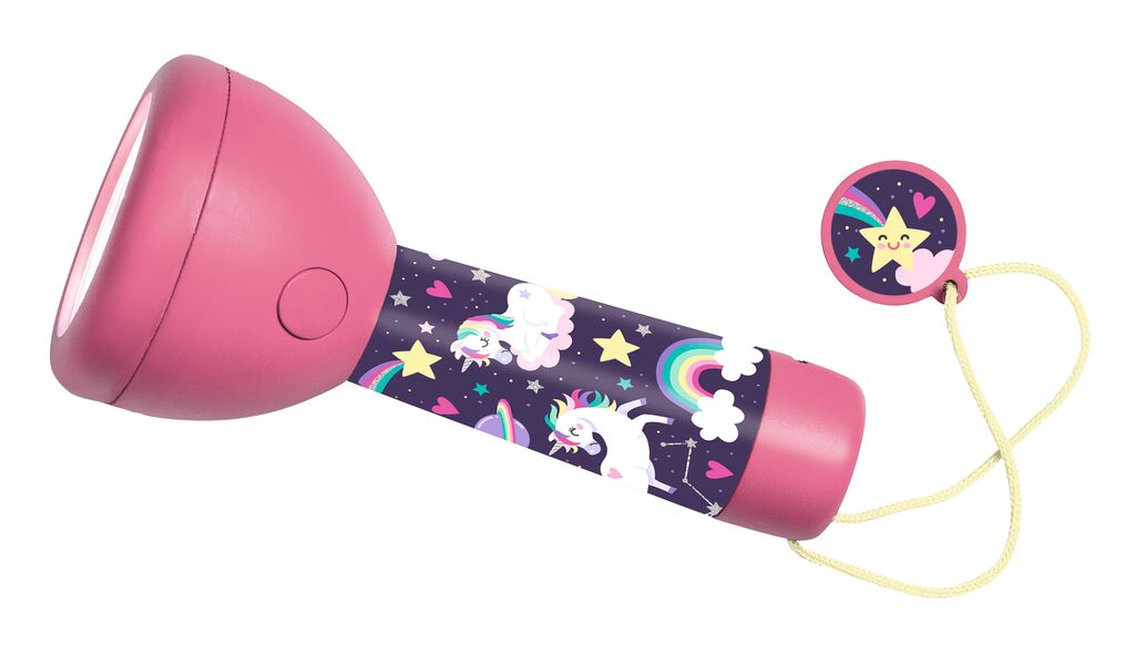 Rosa Moses-Einhorn-Taschenlampe mit Handschlaufe und rundem Anhänger.