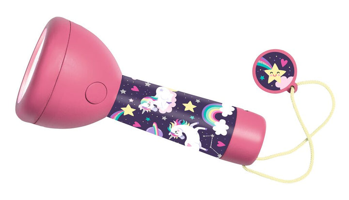 Rosa Moses-Einhorn-Taschenlampe mit Handschlaufe und rundem Anhänger.