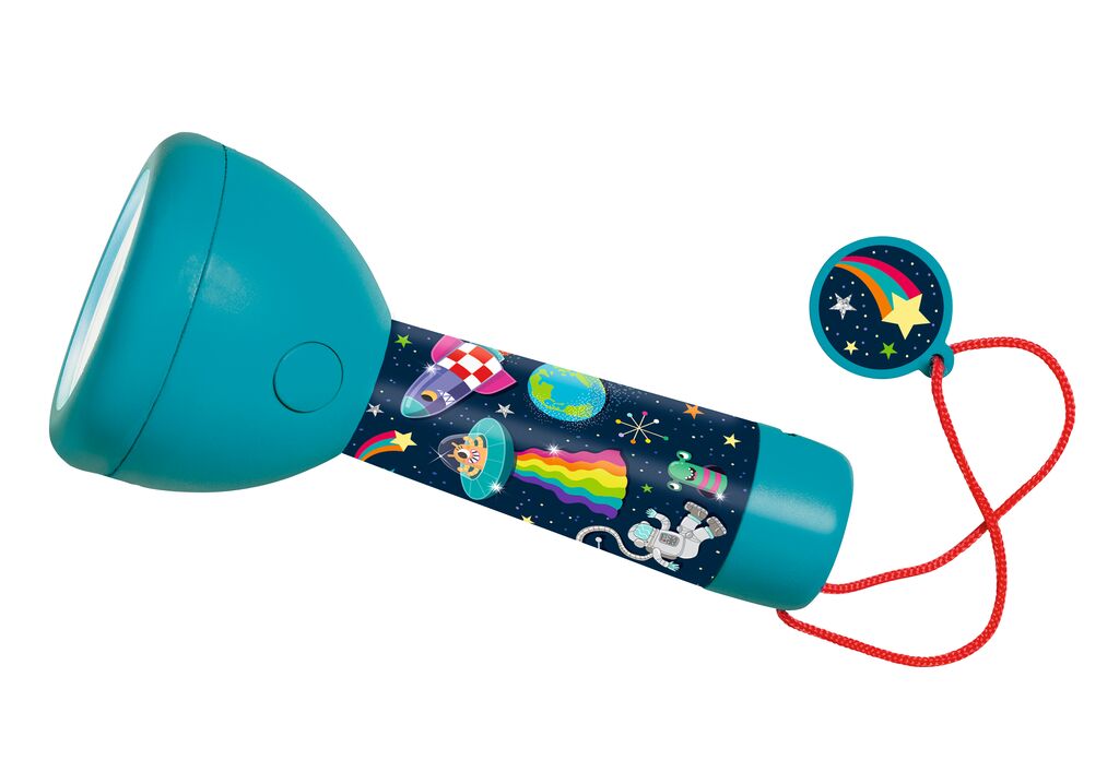 Türkisfarbene Moses Space-Taschenlampe mit Weltraummotiven und Handschlaufe.