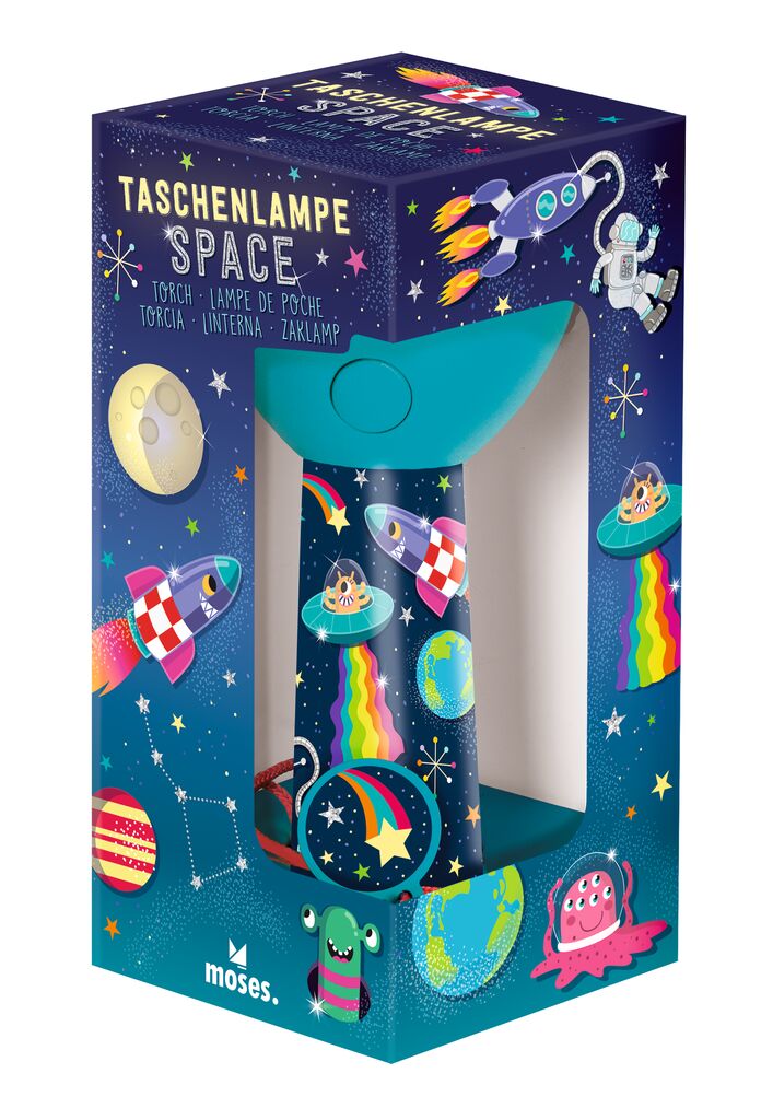 Moses Space-Taschenlampe in der Verpackung.
