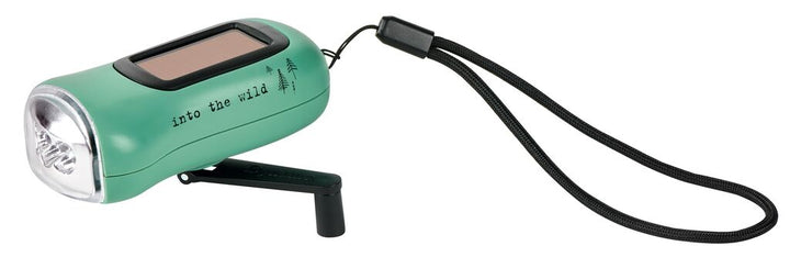 Petrolfarbene Fernweh-Taschenlampe mit Solarpanel, ausgeklappter Kurbel und Handschlaufe.