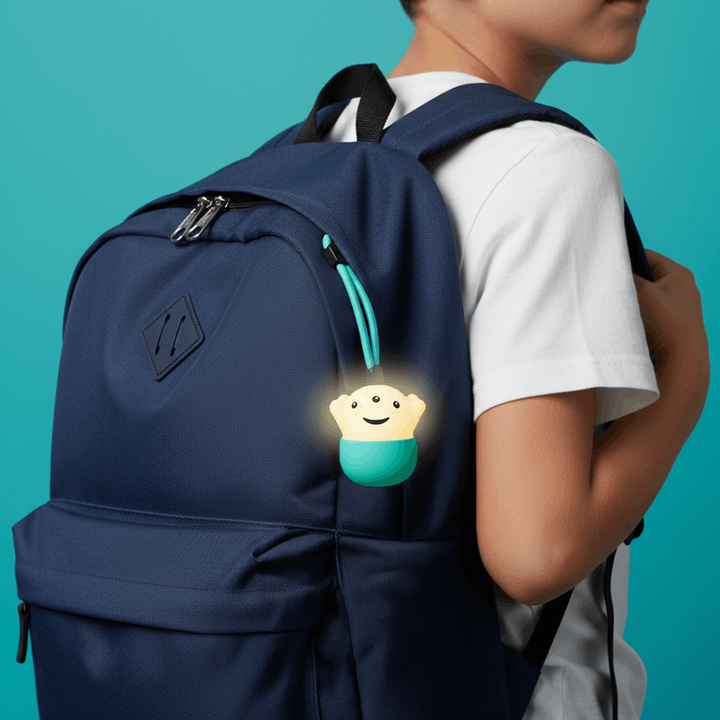 Kind mit einer grünen Eggy Monsters-Figur am Rucksack.