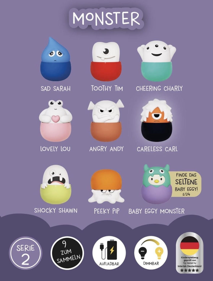 Übersicht der neun Eggy Monsters-Sammelfiguren mit deutschen Namen.