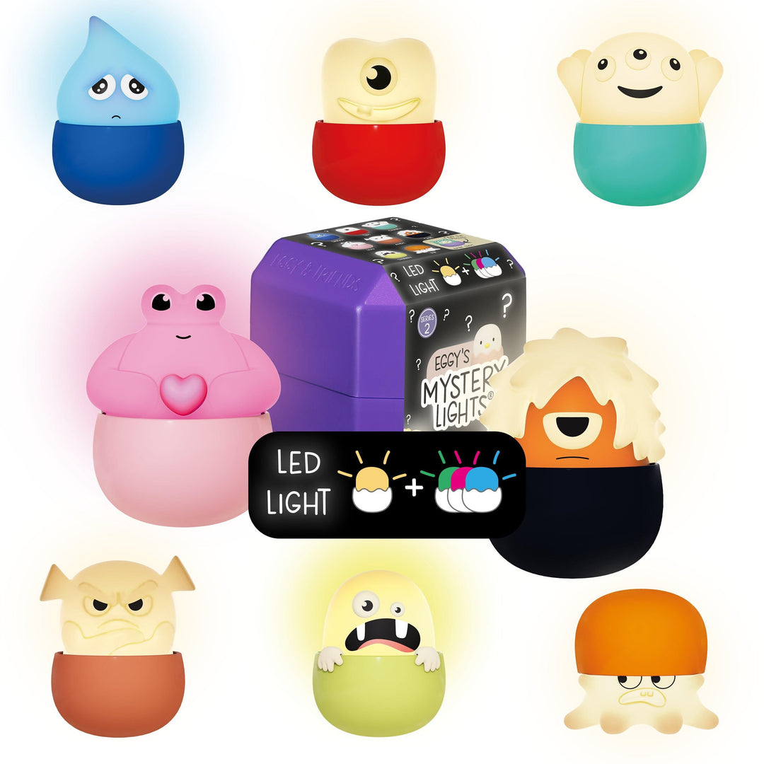 Die Eggy Monsters-Kollektion mit lila Blindbox und LED-Licht-Symbol.