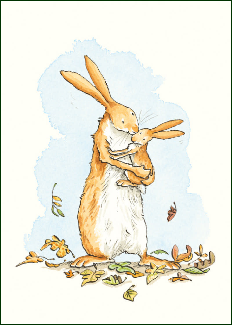 A large hare and a small hare embrace among autumn leaves.