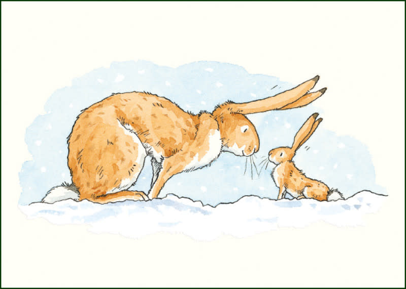 A large hare and a small hare touch noses in the snow.