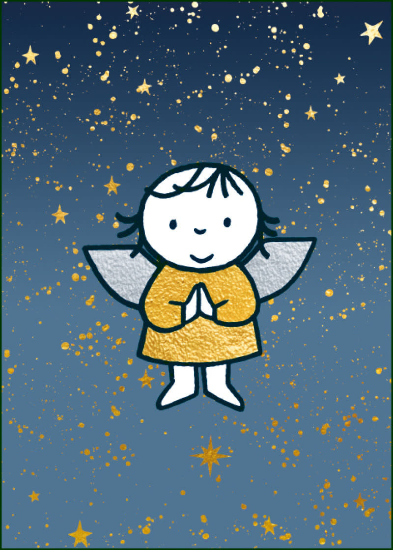 Un ange se détache sur un fond bleu foncé parsemé d’étoiles dorées.