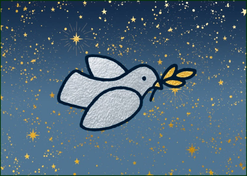 Une colombe blanche vole parmi des étoiles dorées sur fond bleu foncé.