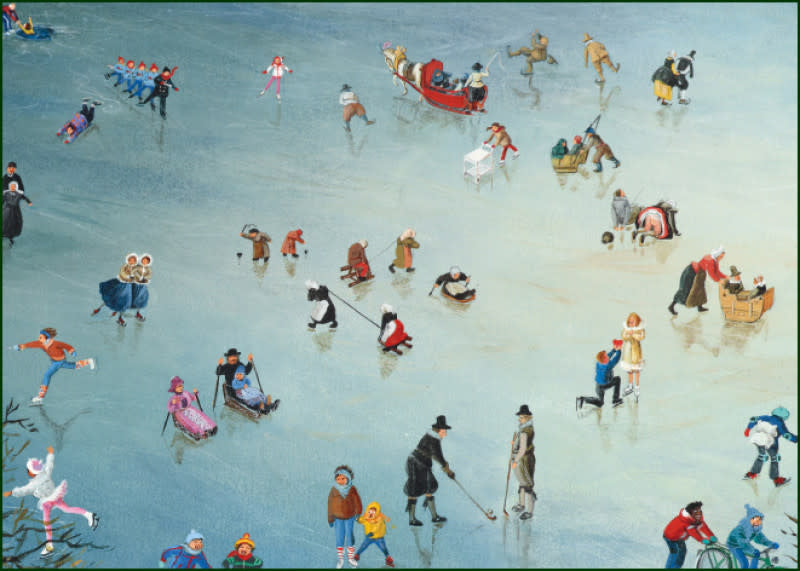 Des patineurs et des luges occupent une grande patinoire aux couleurs hivernales.
