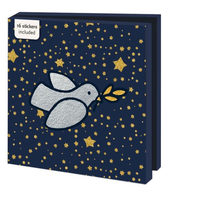 Une pochette de cartes bleu foncé avec une colombe, un ange et des étoiles dorées.