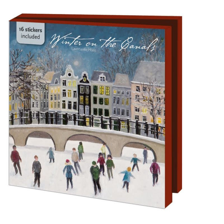 Une pochette de cartes présente des canaux, des ponts et des patineurs en hiver.