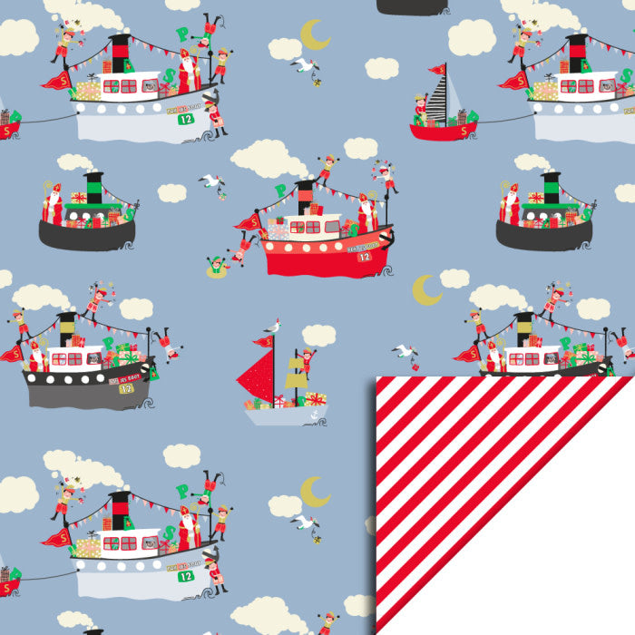 HOP Cadeaupapier | Sint | Pakjesboot Blue | Stripes Red | 70 cm x 3 mtr