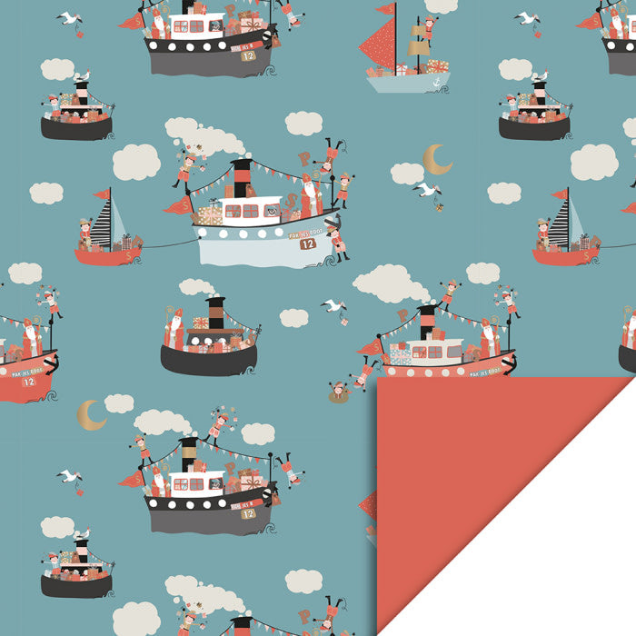 HOP Cadeaupapier | 5 dec | Pakjesboot Lake Blue | Soft Red  | 70 cm x 3 mtr