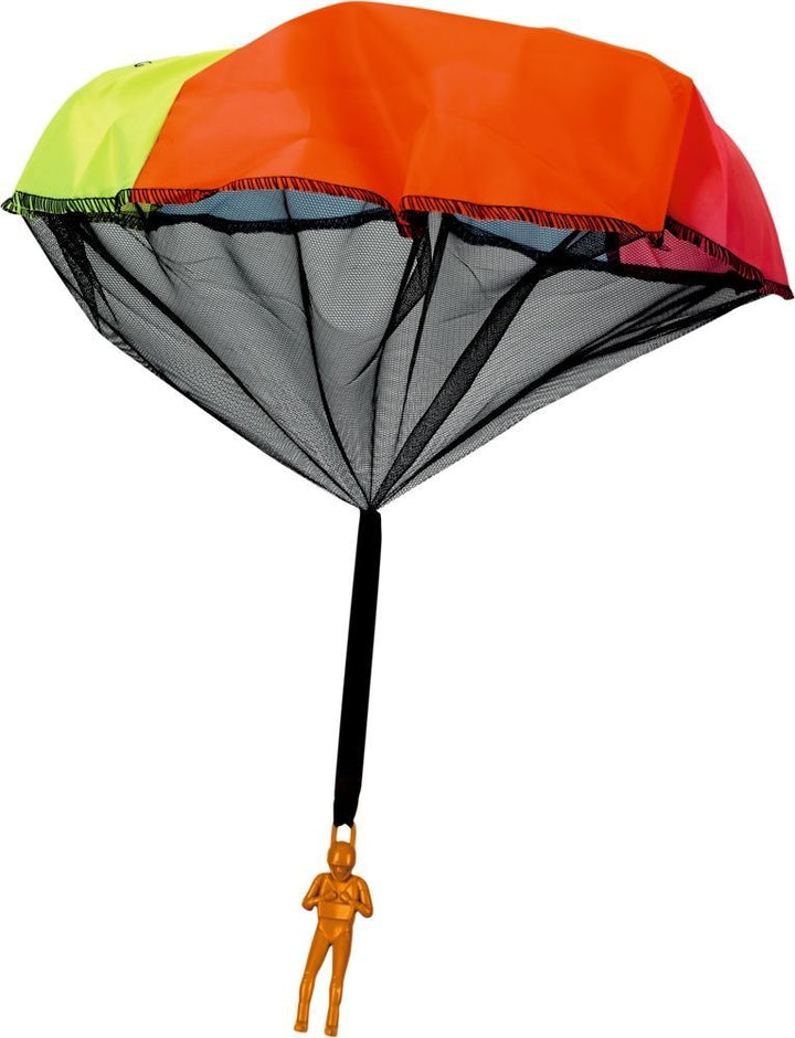 Oranje parachutist onder rood-zwarte parachute