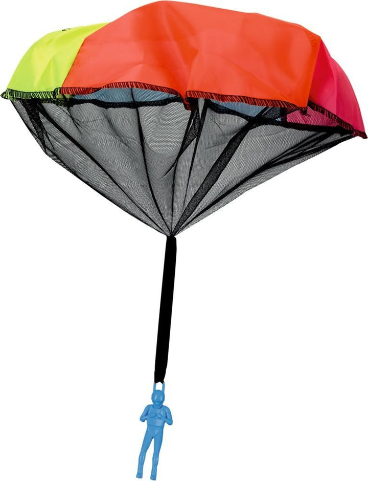Blauwe parachutist onder rood-zwarte parachute