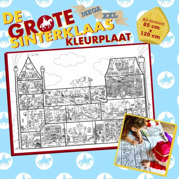 Voorkant van De Grote Sinterklaas Kleurplaat van Pepijn Janzen met een doorsnede van het kasteel.