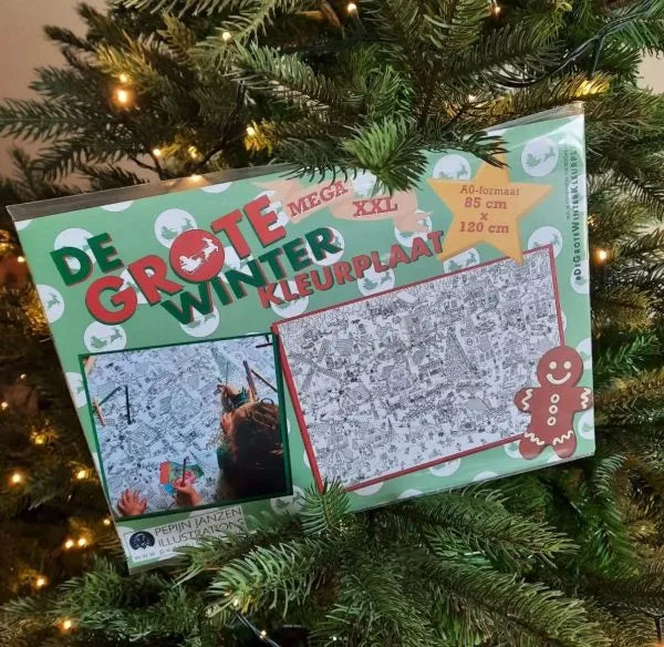 Folded winter colouring poster by Pepijn Janzen among the branches of a lit Christmas tree.