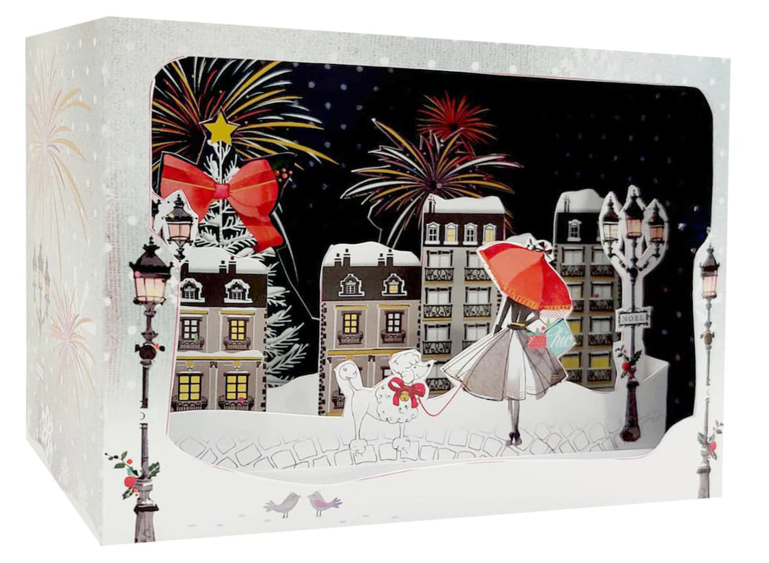 Carte de Noël Signature | Ville enneigée et feu d’artifice | 14.5 × 11 cm