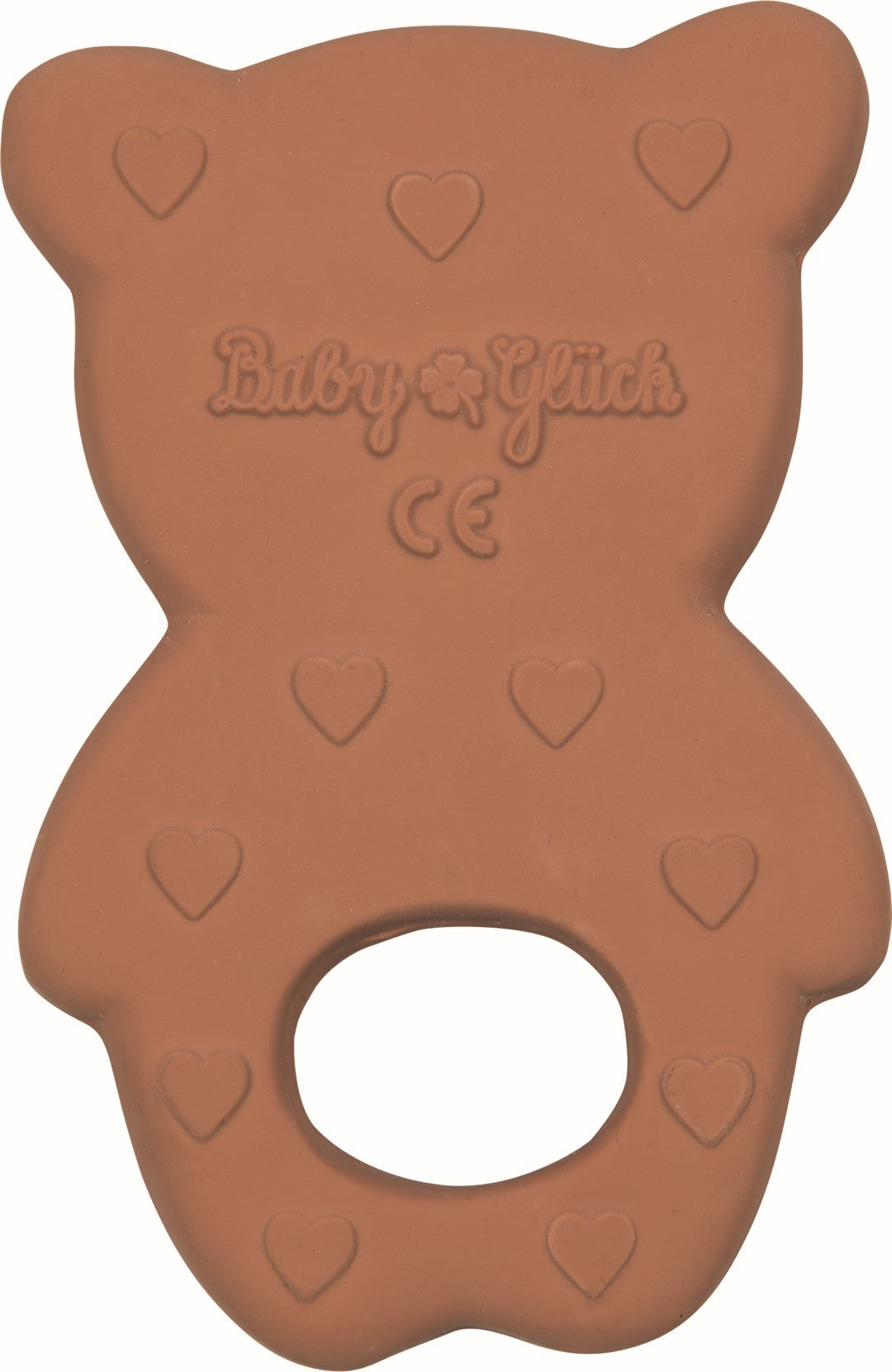 Achterzijde van de bruine Baby Glück-bijtring teddybeer