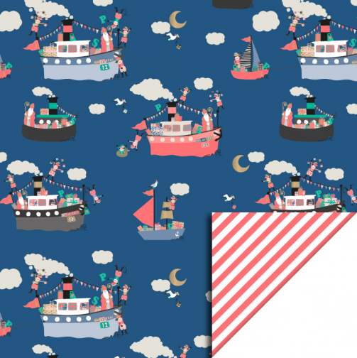HOP Cadeaupapier | Sint | Pakjesboot Blue | Stripes Fluor Orange | 70 cm x 3 mtr