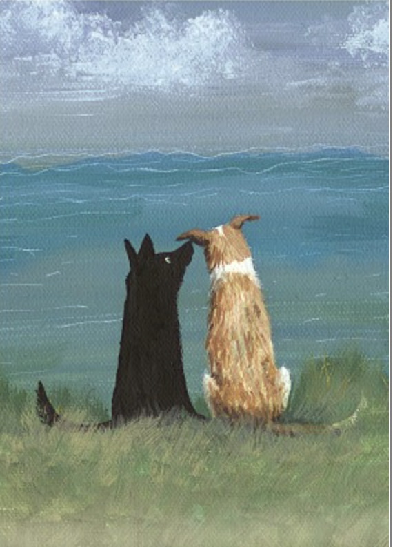 Twee dieren zitten naast elkaar en kijken over blauw water.