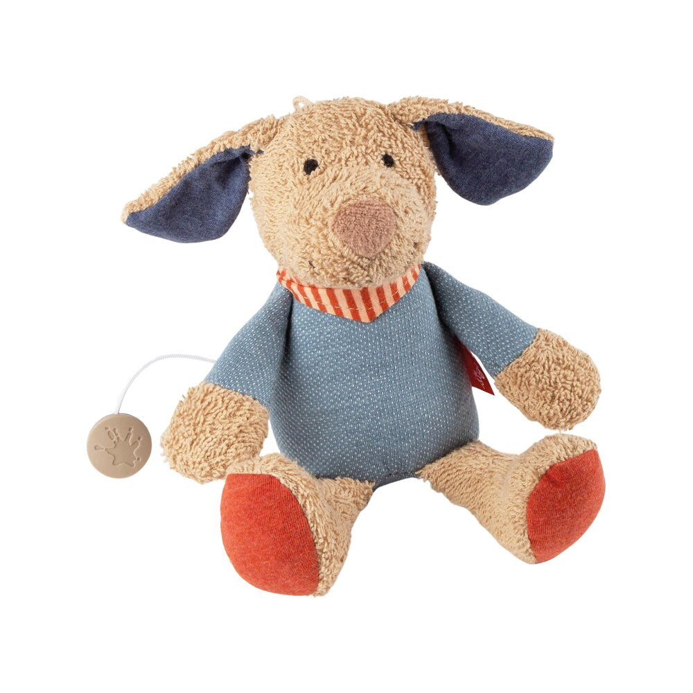 Sigikid Fips Classics muziekknuffel hond zittend in bruin, blauw en rood