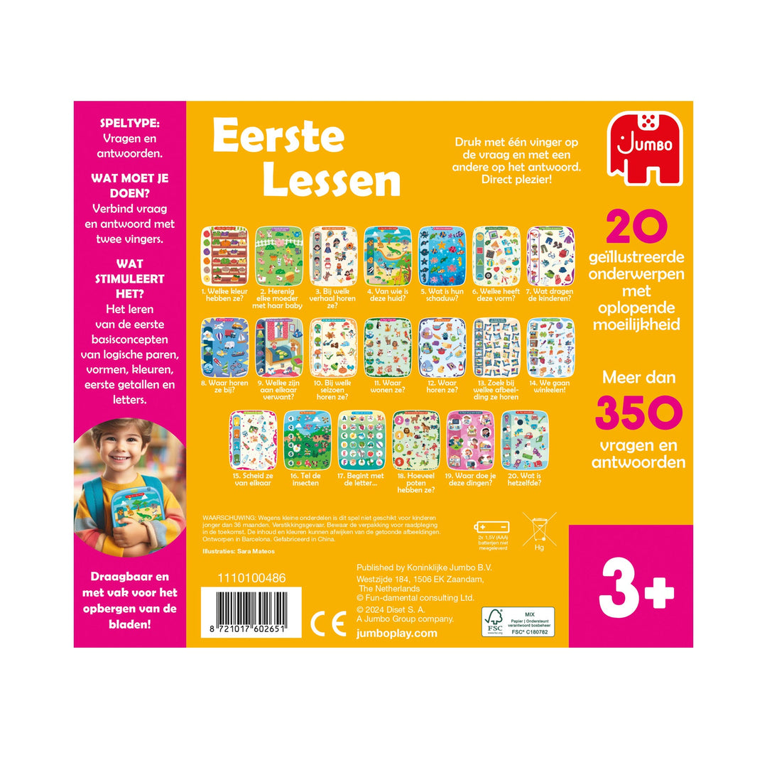 Achterkant van de doos Electro Eerste Lessen met twintig geïllustreerde onderwerpen