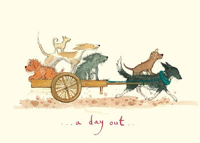 Two Bad Mice A Day Out greeting card by Fran Evans with dogs and a small wooden cart