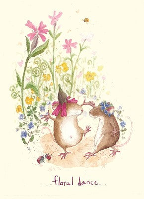 Two Bad Mice Flower Dance greeting card by Fran Evans with two dancing mice among flowers