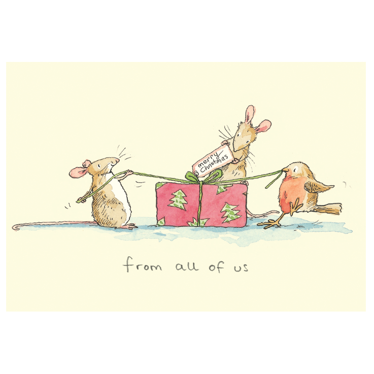 Three animals hold a Christmas card with a little mouse above it.