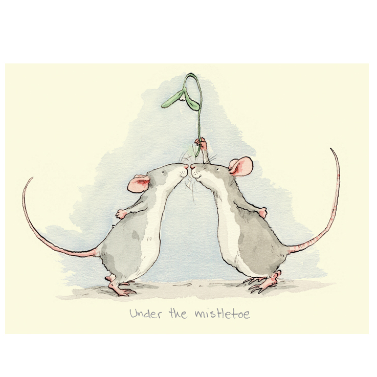 Deux souris se font face sous une branche de gui.