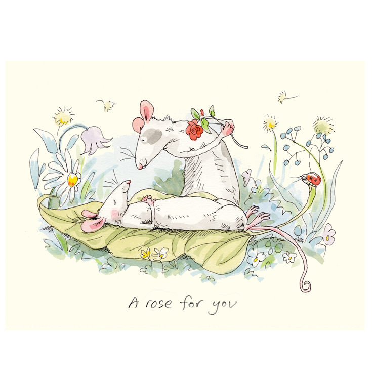 Two mice rest on a large leaf; one holds a red rose above the other.