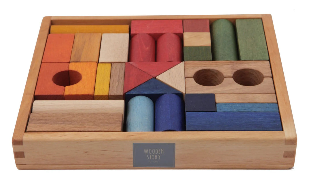 Wooden Story | Gekleurde Houten Blokken | in houten tray | 30 stuks | 1+ - Kleine Eland