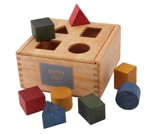 Wooden Story | Houten Vormenstoof | met 8 geometrische blokken | 16 x 16 x 9 cm1+ - Kleine Eland