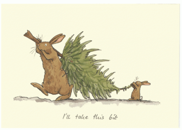 Un grand lapin et un petit lapin transportent ensemble un sapin de Noël.