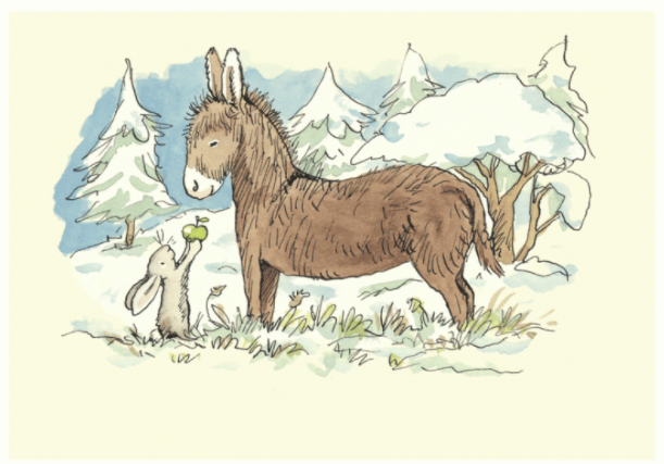 Ein Kaninchen steht mit einem Esel in einer Schneelandschaft.