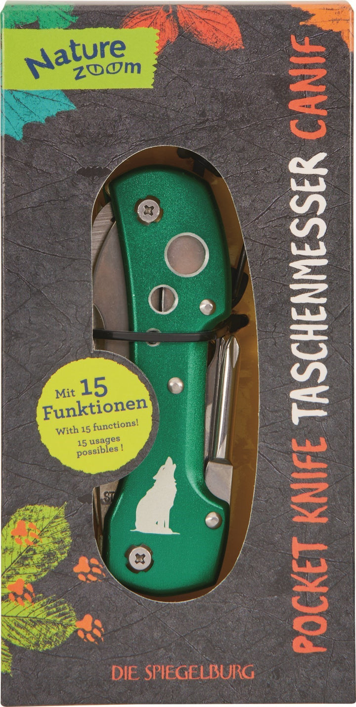 Groen Nature Zoom-zakmes in verpakking met 15 functies